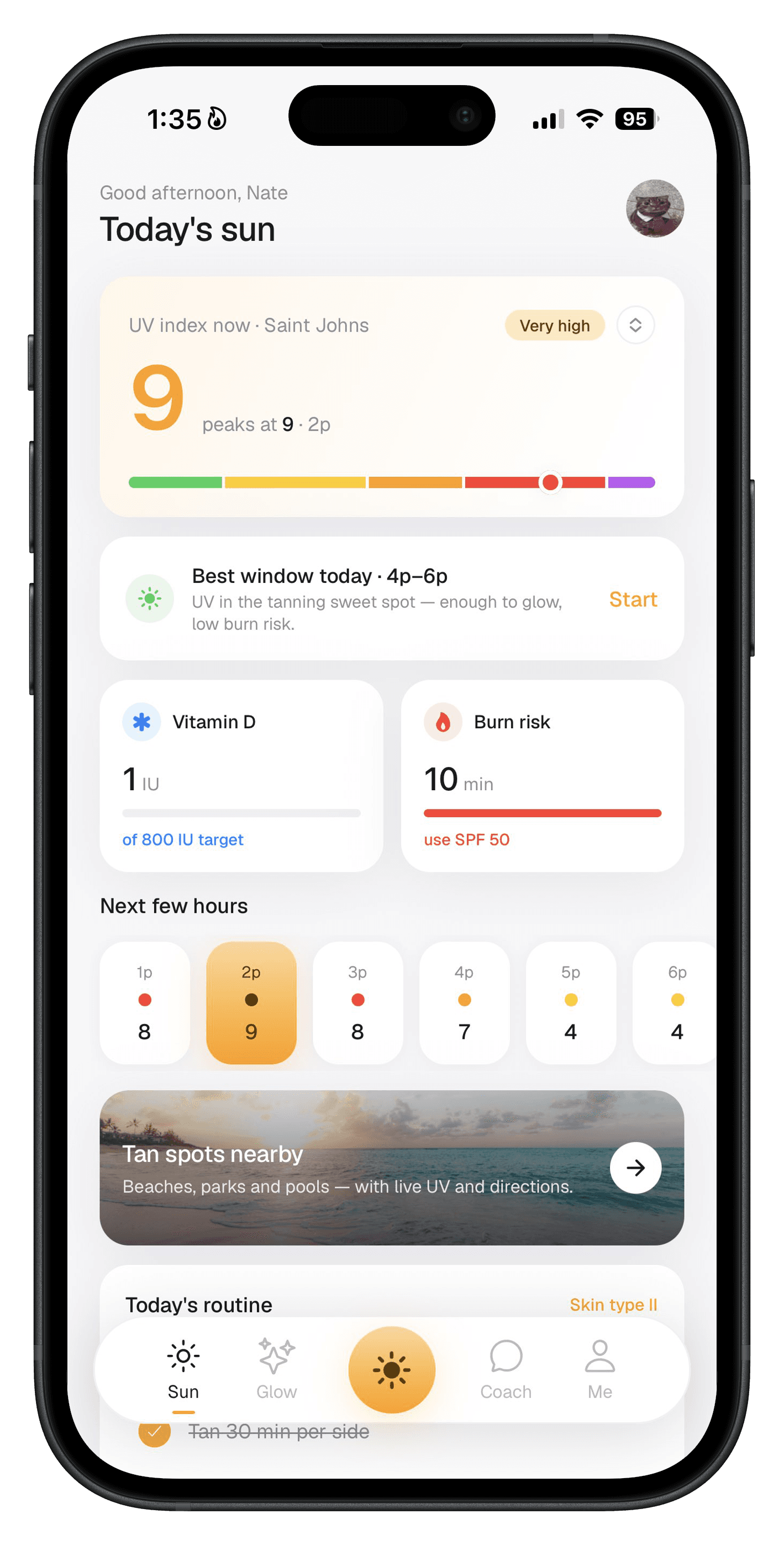 Sundial's home screen: UV index 9 in Saint Johns, today's best tan window at 4–6p, vitamin D and burn risk cards, and the hourly UV forecast.
